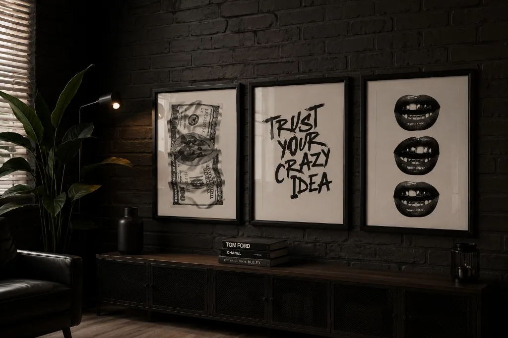 Premium full-bleed background showing three framed posters in a room interior